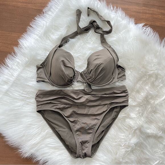 Tommy Bahama | Olive Green Brown Pearl Underwire Halter Bikini Top & Bottoms 34C - Picture 1 of 6